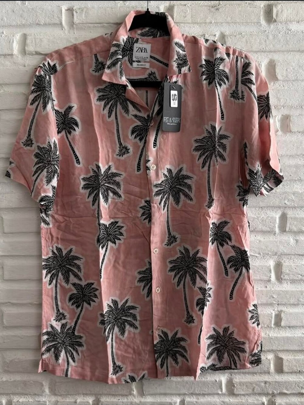 ZARA Pink/Black Tropical  Palm Tree Print Casual Short Sleeve Shirt Mens SZ L